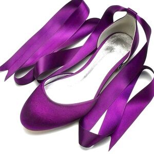Satin Ballet Flat Wedding Silk Round Toe Tie Up Lace Up Shoe Purple Plum Mauve